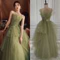 14013# Real Photos Green Spaghetti Straps A-line Quinceanera Ball Gown Evening Prom Party Dress for Women With Beading Tulle