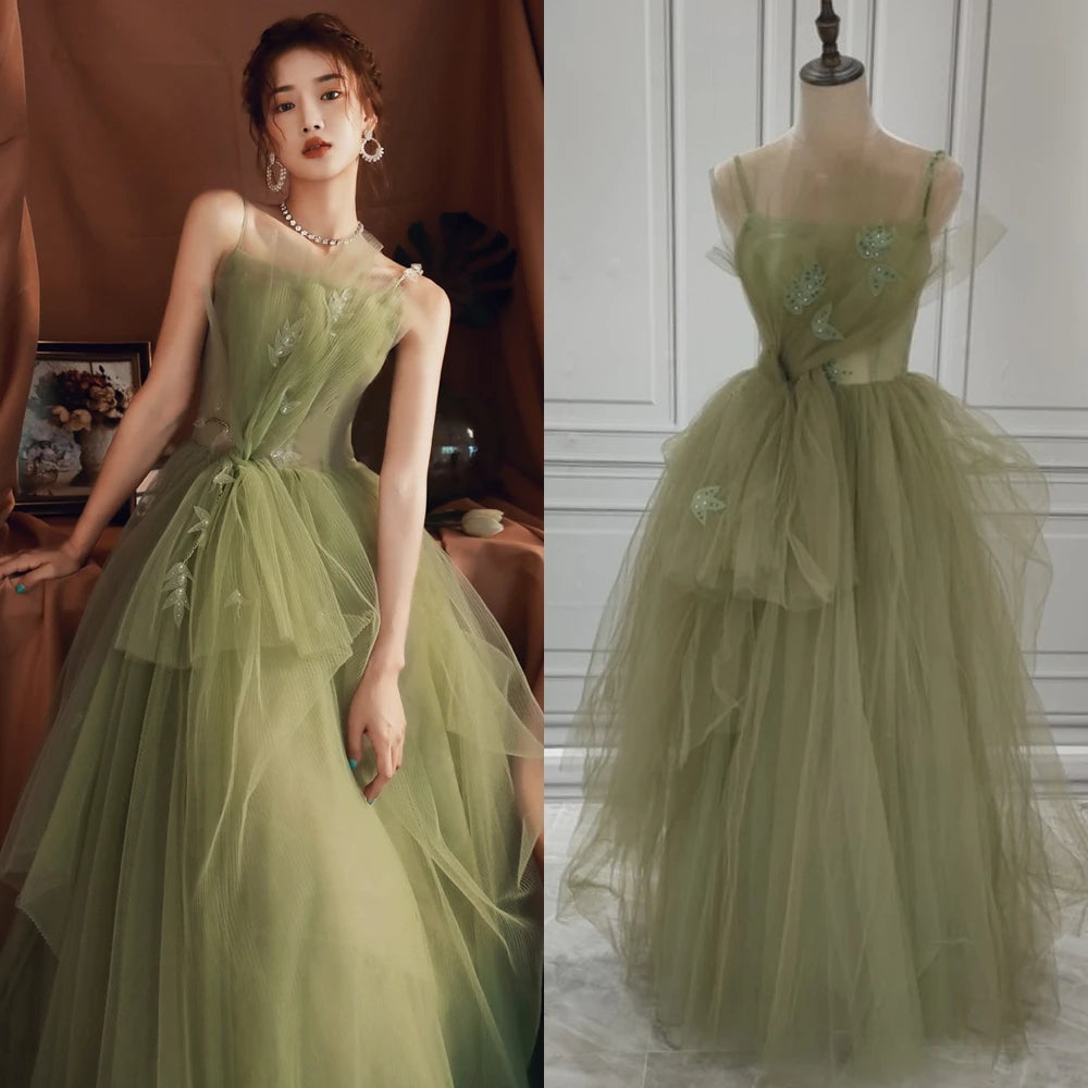14013# Real Photos Green Spaghetti Straps A-line Quinceanera Ball Gown Evening Prom Party Dress for Women With Beading Tulle