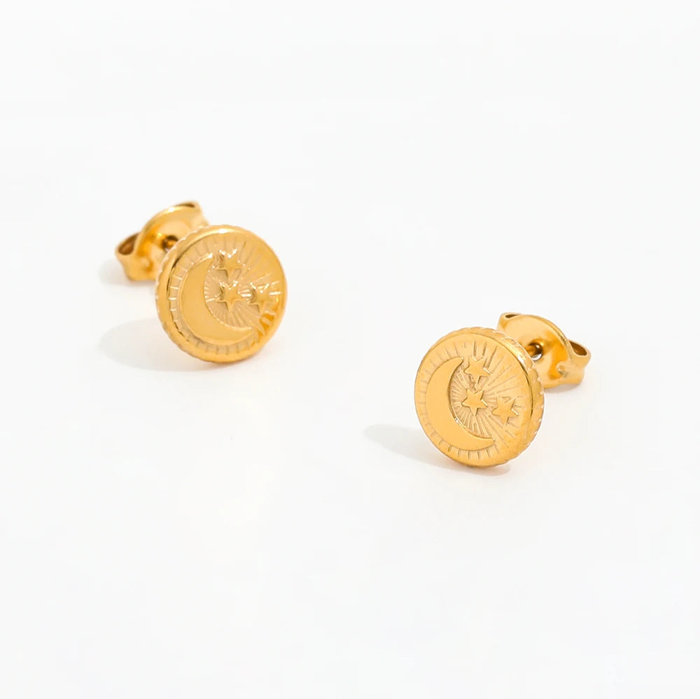 Fenny 18K Gold-plated Wholesale Creative Trend Engraved Crescent Star Seal Stud Stainless Steel Earring for Women