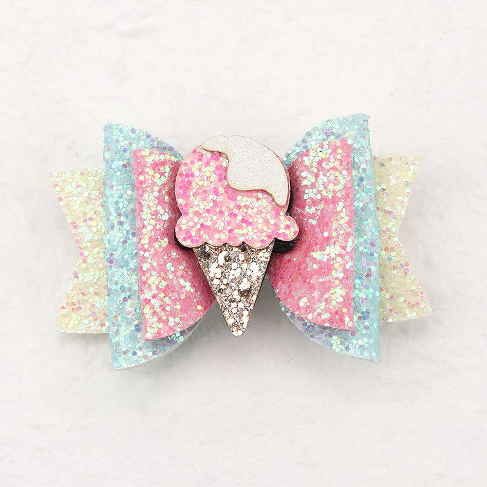 CN 3.5Inch Bling Glitter Hair Bow Clip Sweet Ice Cream Hair Clip for Kids