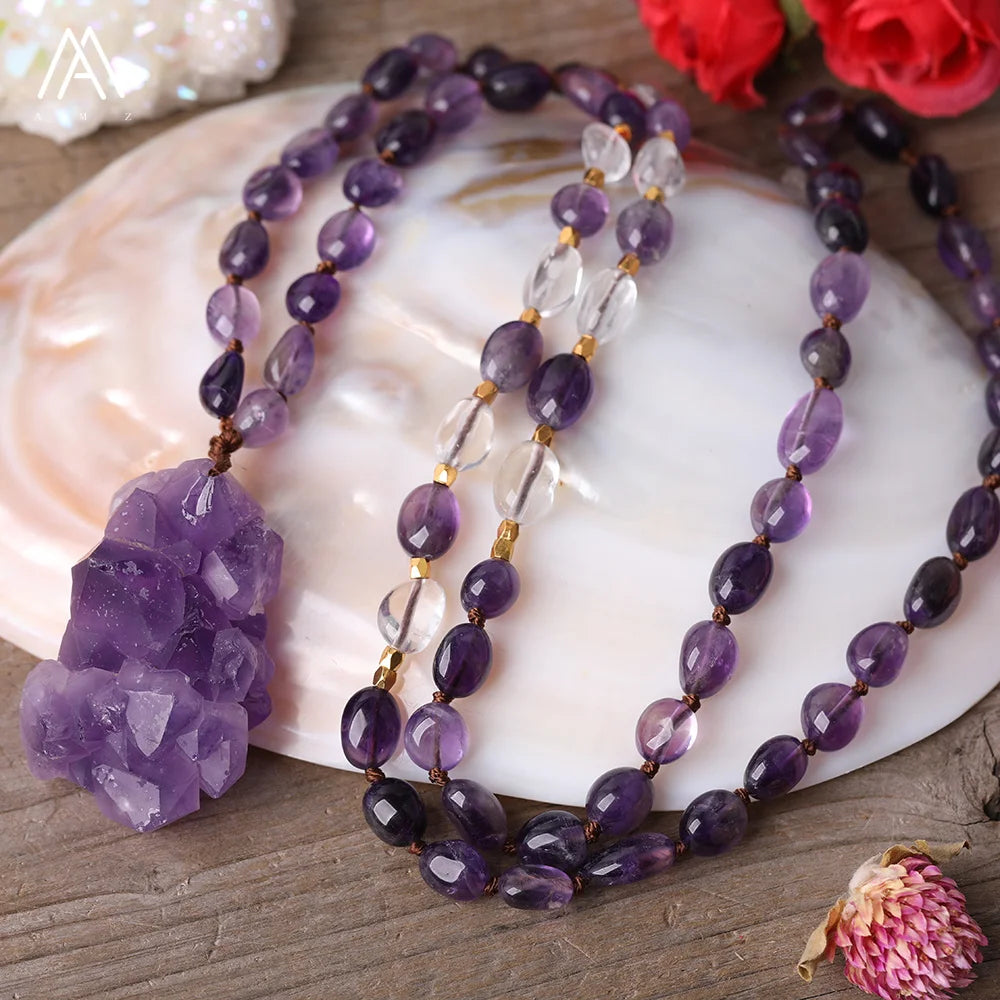 Gold Plated Amethyst Cluster Flower Crystal Pendant Mala Necklace Crafts Jewelry for Yoga Women's Engagement Gift Chip Beads