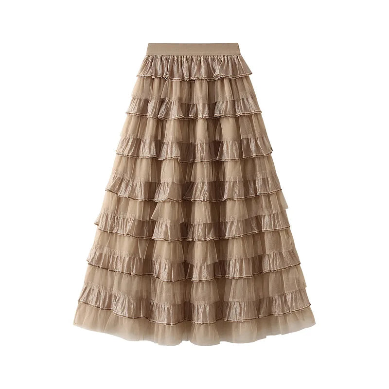 Spring Summer New Fashion Women Casual High Waist Mesh Midi Skirts French Ruffled Mesh Lady Skirt