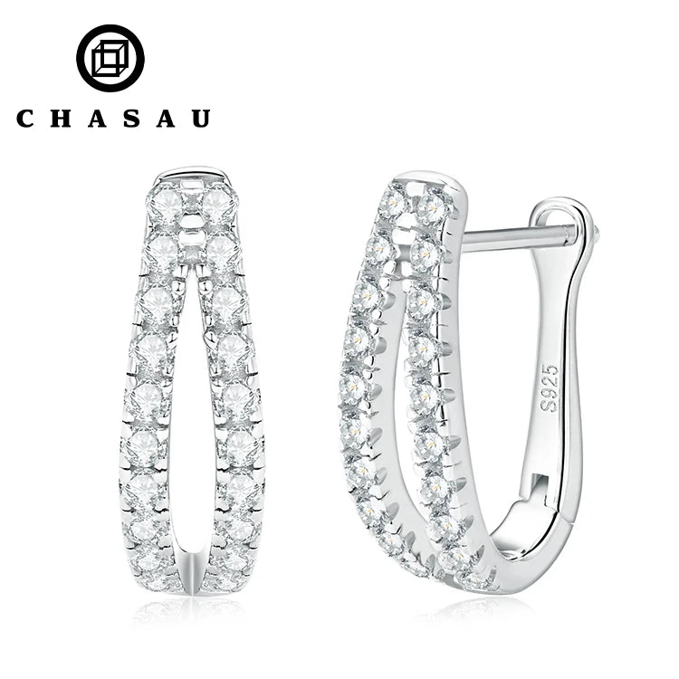 GRA Certificated 1.5mm 0.015ct 40pcs Moissanite 925 Sterling Silver Hoop Double Row U Shape Hoop Earrings for Women