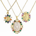 18K Gold Plated Paved Pink Color Zirconia Virgin Mary Pendant Necklace Religious Jewelry