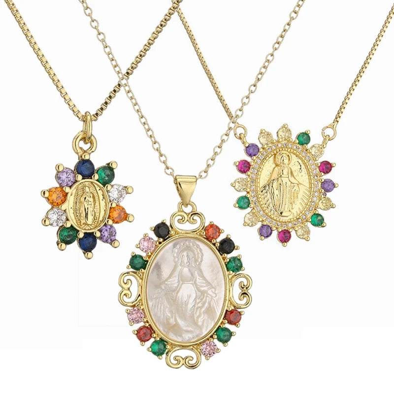 18K Gold Plated Paved Pink Color Zirconia Virgin Mary Pendant Necklace Religious Jewelry