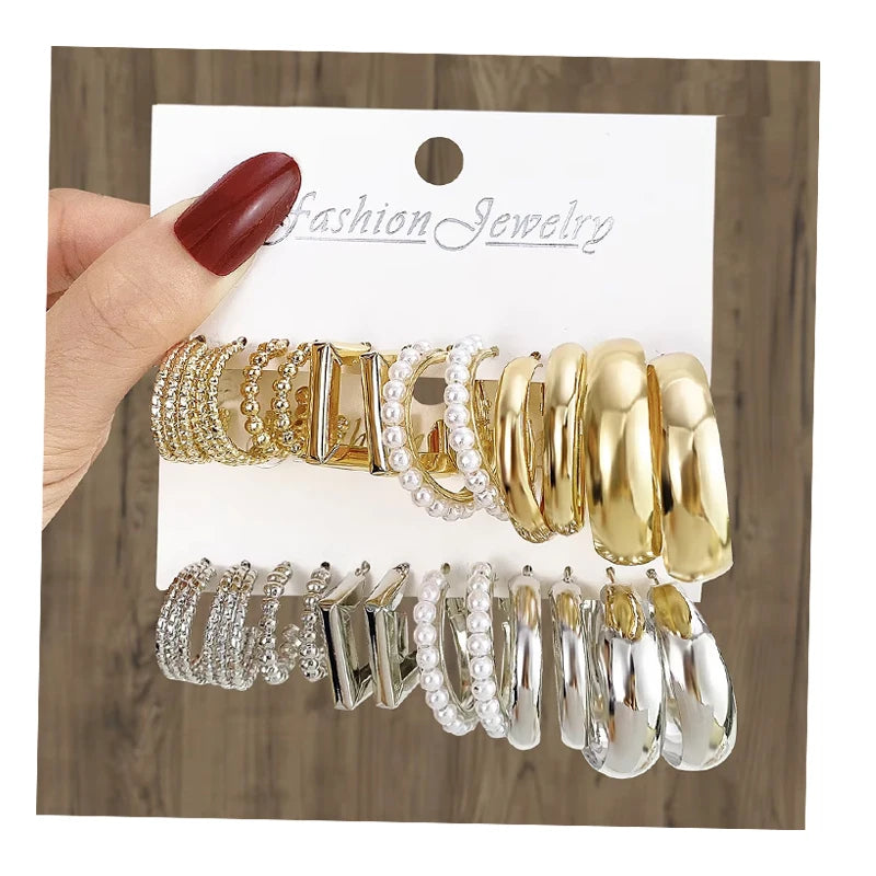 6Pcs/Set Retro Style Gold Silver Pearl Geometric Design Hoop Earring Set for Women Jewelry
