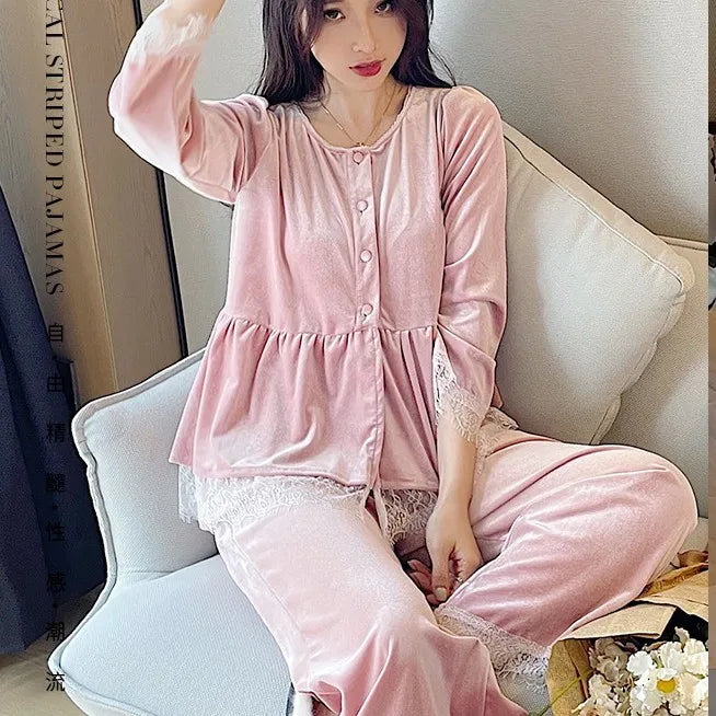 2025 Pleuche Pajamas Suit New Spring and Autumn Long-sleeved Pants Korean Version Lace Edge Can Be Worn Outside the Home P