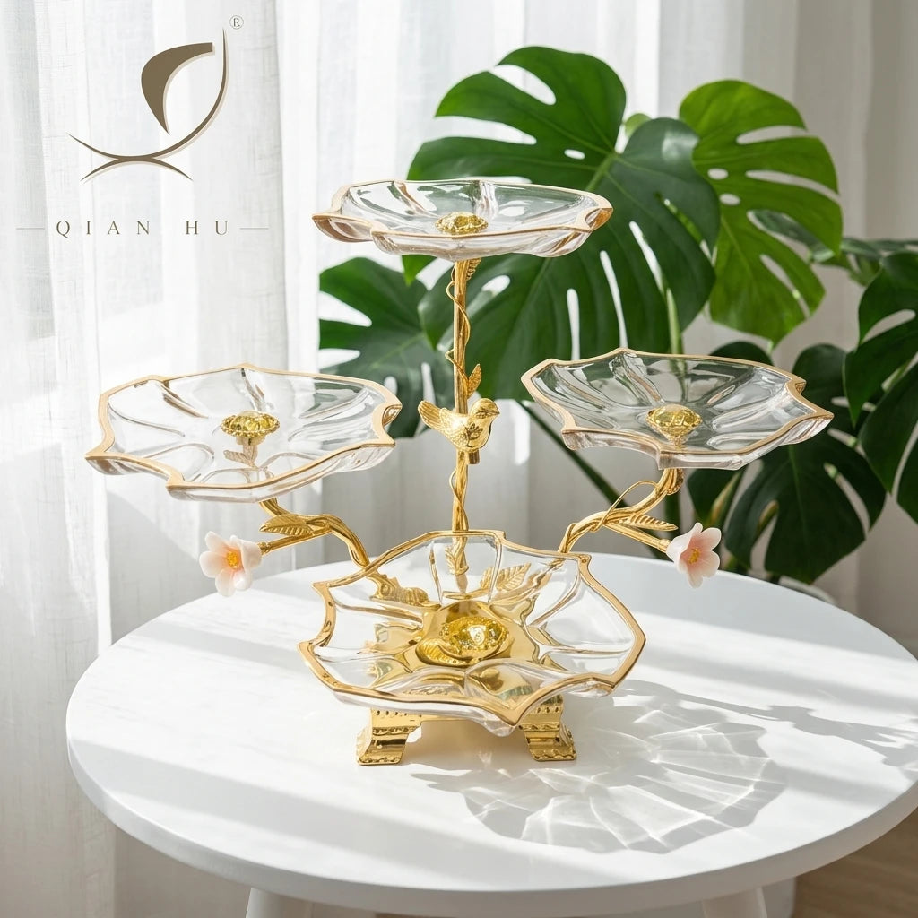 2026 Qian Hu Top Gold Metal Glass Serving Tray Plate with Leg Luxury Home Decor Dish for Candies Dried Fruits Snacks