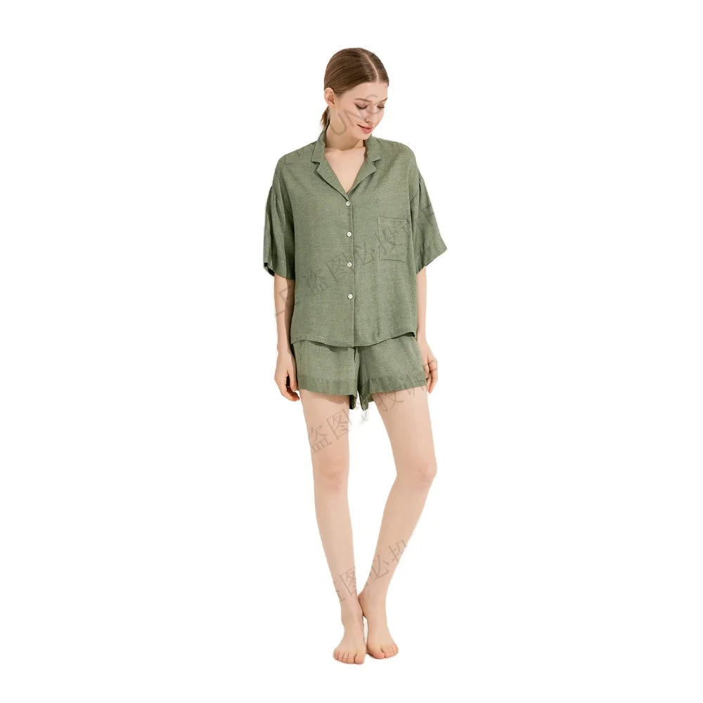 FUNG 6052 New Style Ladies Linen Pajama Set Linen Short Pajamas Set Women