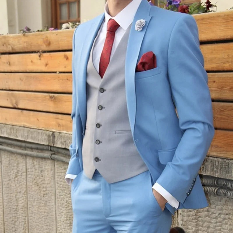 Sky Blue Jacket Pant Grey Vest Men Suits Set 3 Pieces Tuxedos Suits Blazer Man Formal Wedding Groom Men Suit(Jacket+Vest+Pant)