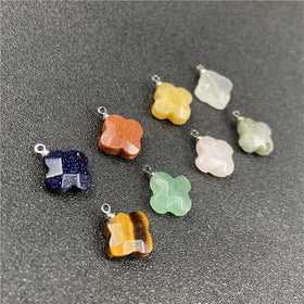 Natural Crystal Stone Faceted Clover Stainless Steel Pendant Rose Quartz Lucky Four Leaf Clover Necklace Gemstone Jewelry