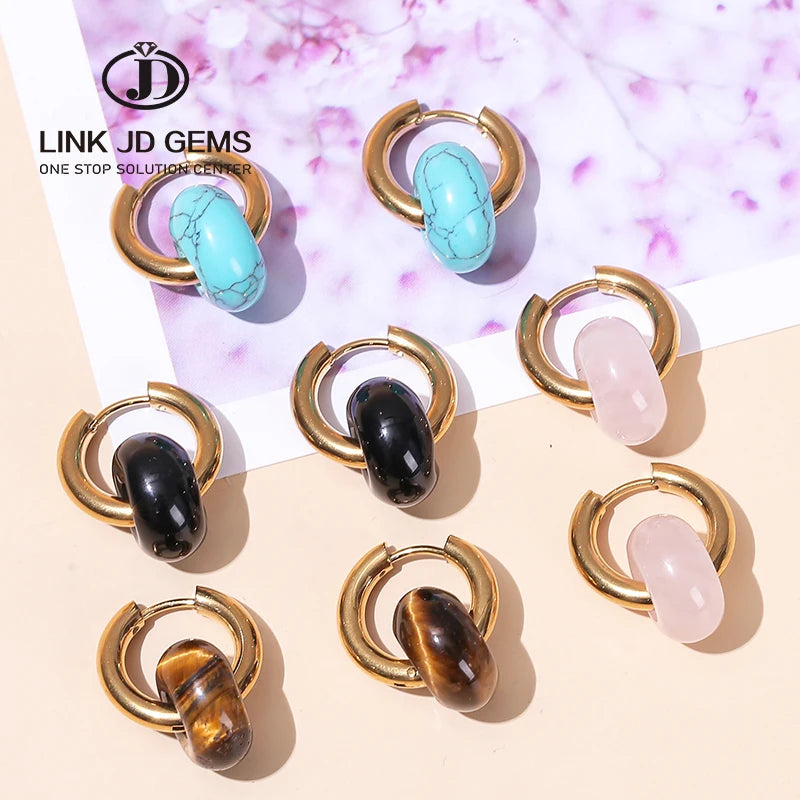 JD Natural Abacus Bead Golden Plated Earrings Handmade Donut Stainless Steel Thick Hoop Earring