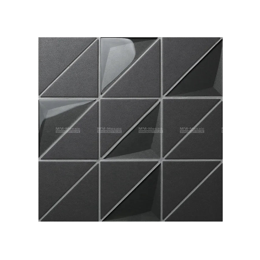 4" Fullbody Cube 3d Wall Triangle Ceramic Mixed Glass Mosaic Tiles Black for Kitchen Bathroom Living Room Wall Background