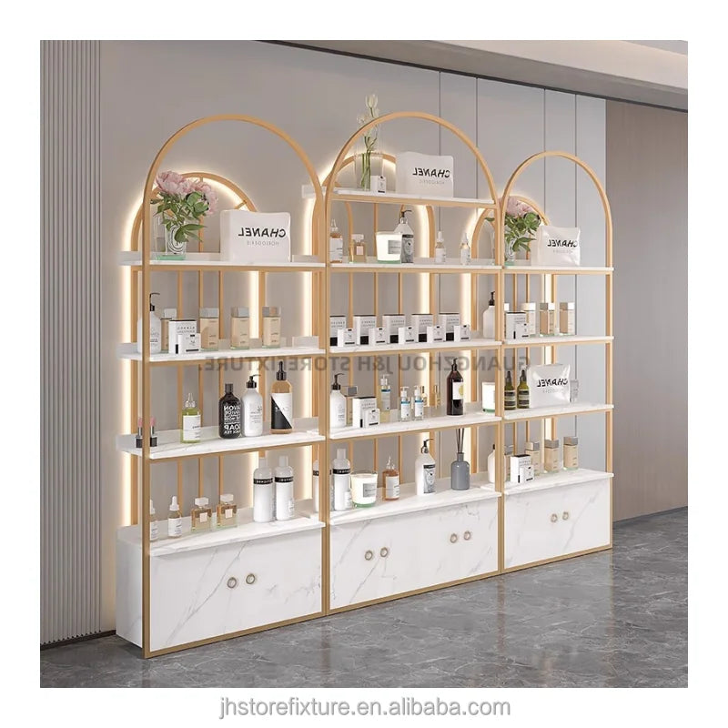 Factory Hot Sale Hair Salon Shelves Cosmetic Display Stand with Cabinet and Light Window Display Cosmetic Shelf Display Rack