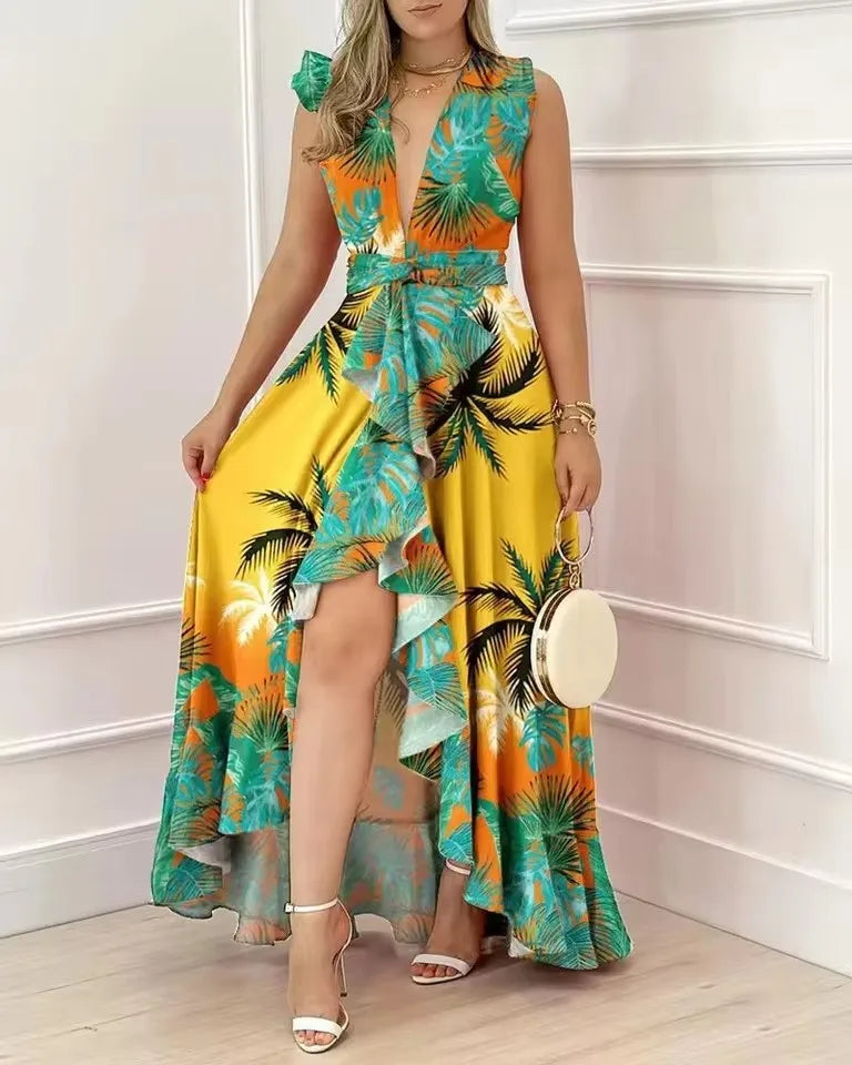 Women's Sling Floral Long Dresses Arrival Summer Boho V-Neck Sleeveless Party Beach Floral Print Maxi Dress Casual Sundress