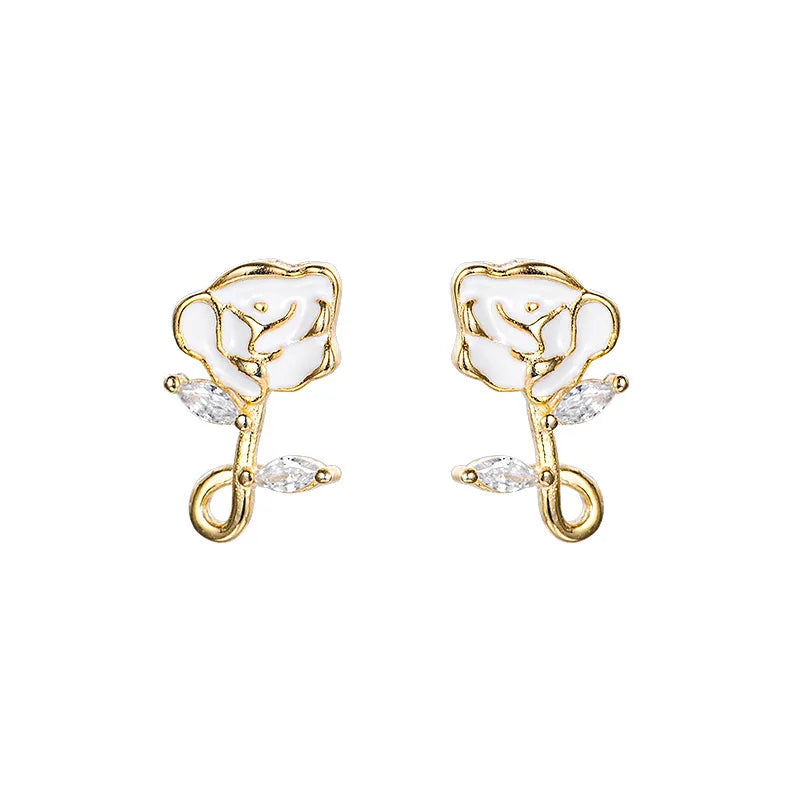 S925 Sterling Silver French Vintage Black & White Enamel Rose Flower Zircon Stud Earrings for Women