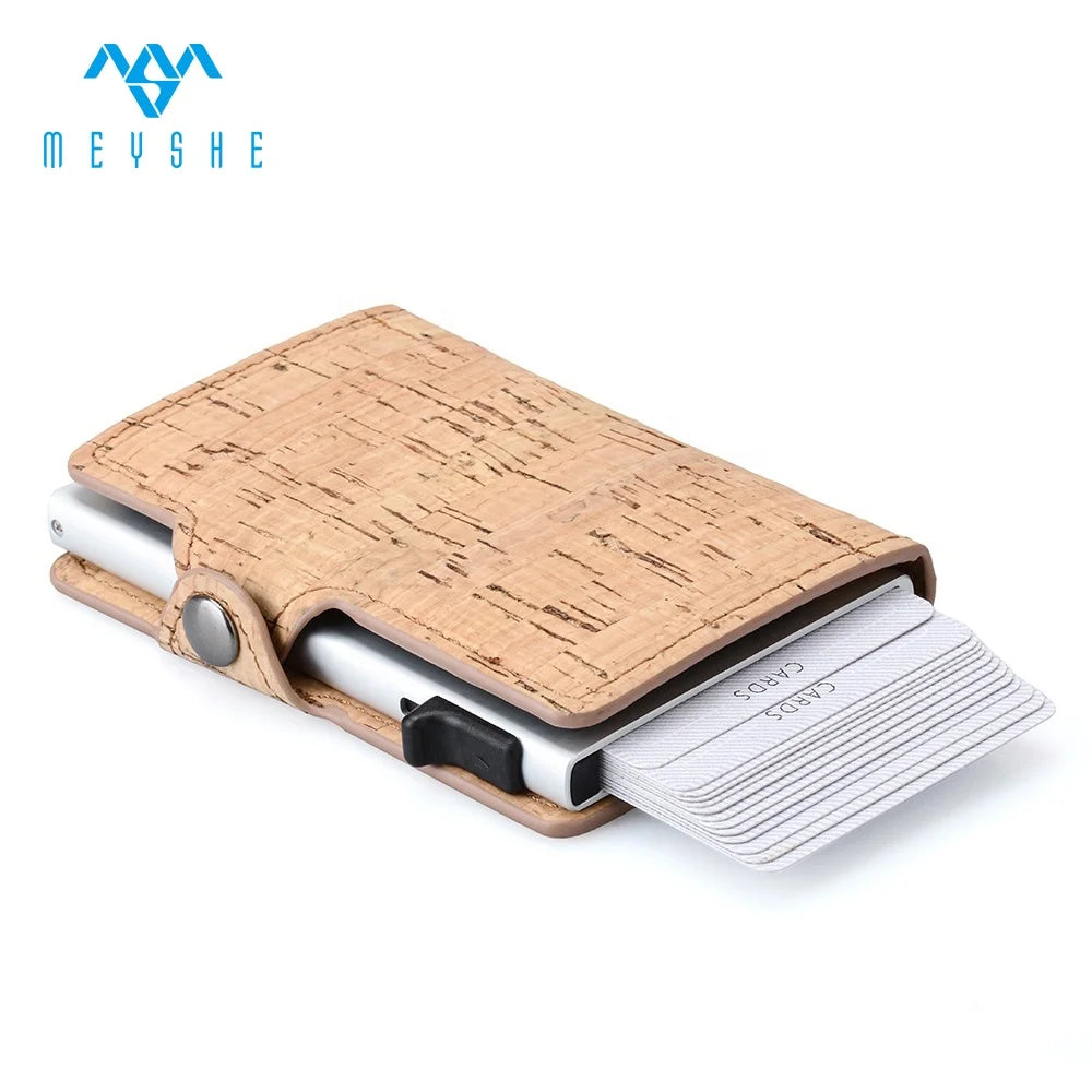 Factory Price Custom Brown Cork Wood Leather Credit Card Holder Automatic Card Case Wallet