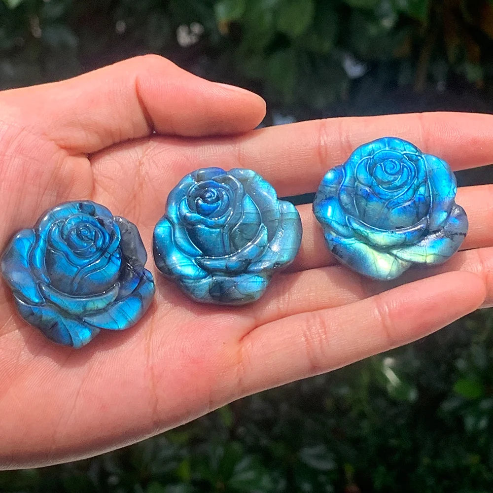 Wholesale Natural Labradorite Rose Crystal Blue Light Flashing Flower Shape Stone for Healing Energy for Gift Craving Craft