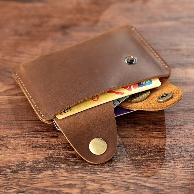 Double Side Press Button Pocket Credit Card Wallet Custom Vintage Crazy Horse Cowhide Leather Slim Mens Coin Purse Cardholder