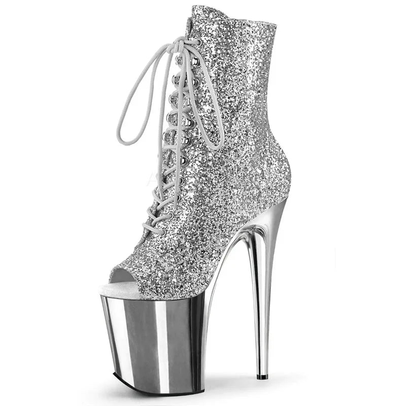 Silver Plated Glittering Powder High Heels 20 cm Thin Heel Thick Bottom Platform High Heels Short Boots Steel Tube Dance High He