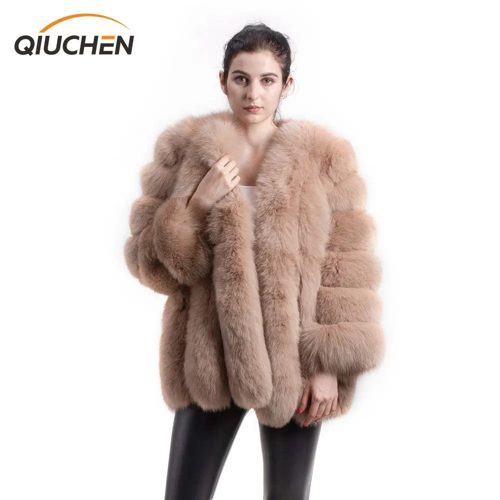QC8128 2021 New Arrival Women Plus Size Casual Winter Real Fox Fur Coat Breathable Thick Hot Sale Long Sleeve