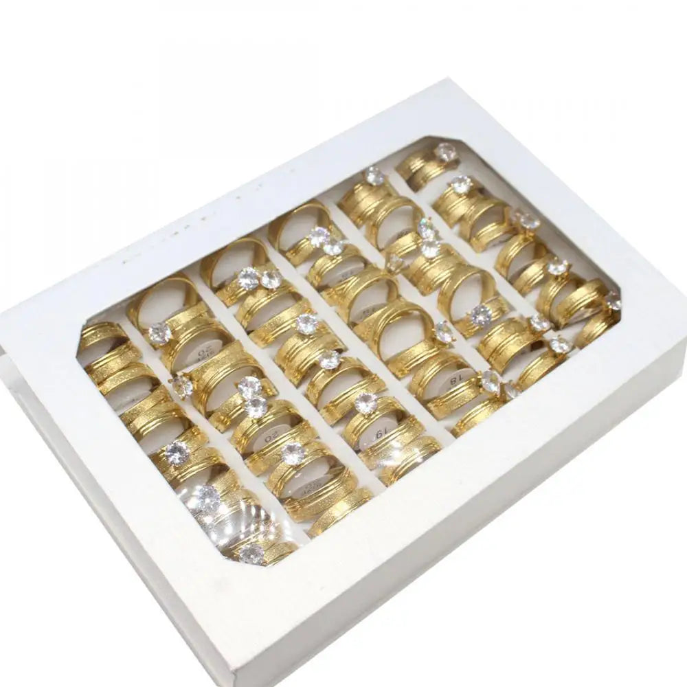 Rhinestone Finger Ring Stainless Steel Ring for Woman Fashion Jewelry Golden 6mm 36PCs/Box