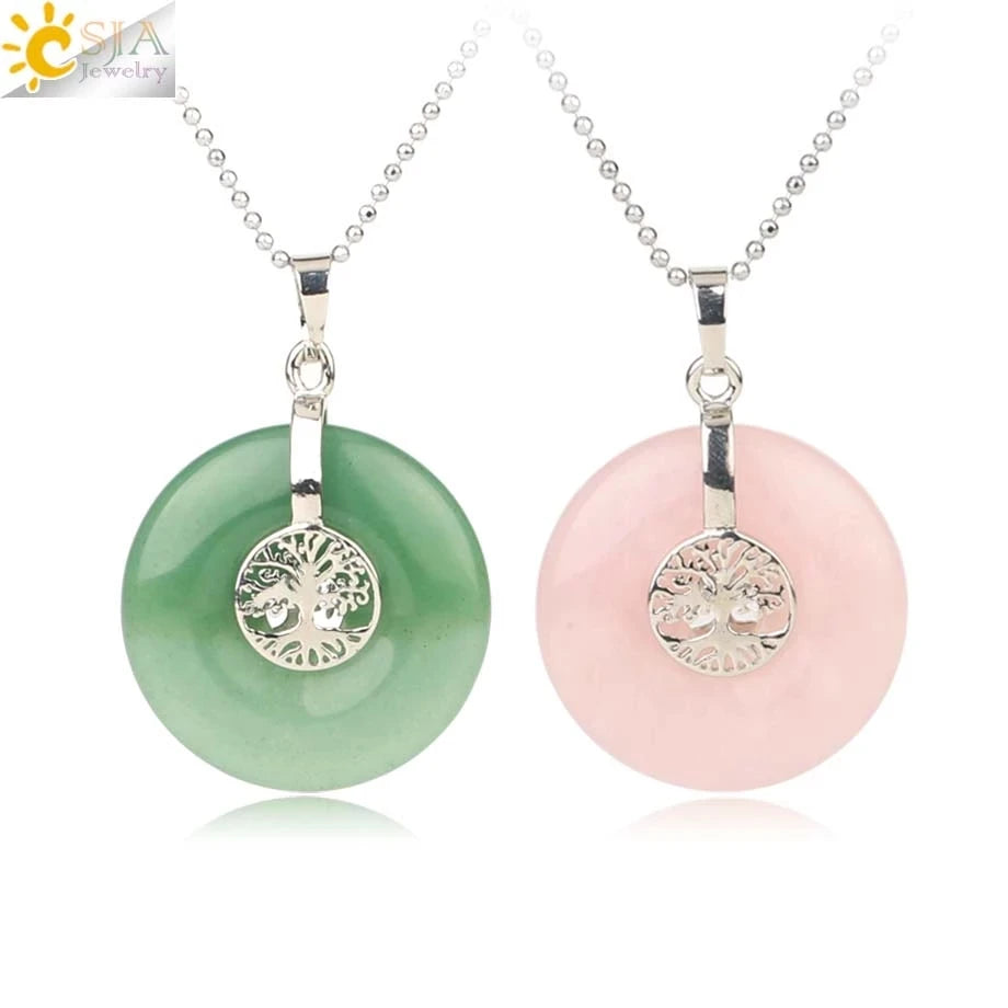 CSJA Fashion Jewelry Pendant Energy Tree of Life Healing Natural Amethyst Donut Gemstone Crystal Pendants Necklaces for Women