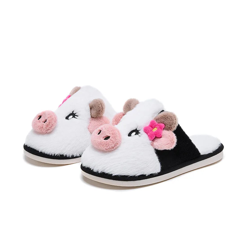 Cartoon Cow Plush Slippers for Women Home Warmth Anti-slip Furry Lined Closed-Toe Cotton Slippers