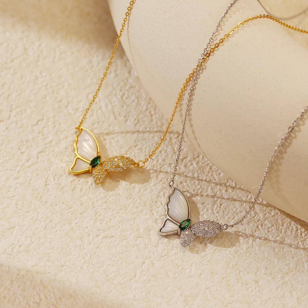 INS Fashion Jewelry 925 Sterling Silver Butterfly Emerald CZ Zircon Gold Plated Pendant Clavicle Necklace Jewelry for Women