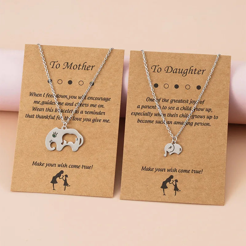 Stainless Steel Mother-Daughter Card Friendship Heart Elephant Butterfly Couple Necklace Set for Wedding Party Mother's Day Gift