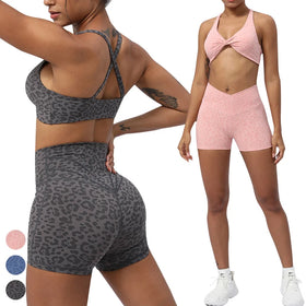 2025 New Leopard Sport Bra Shorts 2-Piece Gym Fitness Suit Custom Logo Workout Wear for Women Solid Pattern Leggings Yoga Set