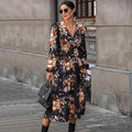 Autumn Women's  V-Neck Floral Print Midi Dress Long Sleeved Casual Polyester Empire Waistline Woven Breathable Digital Printing