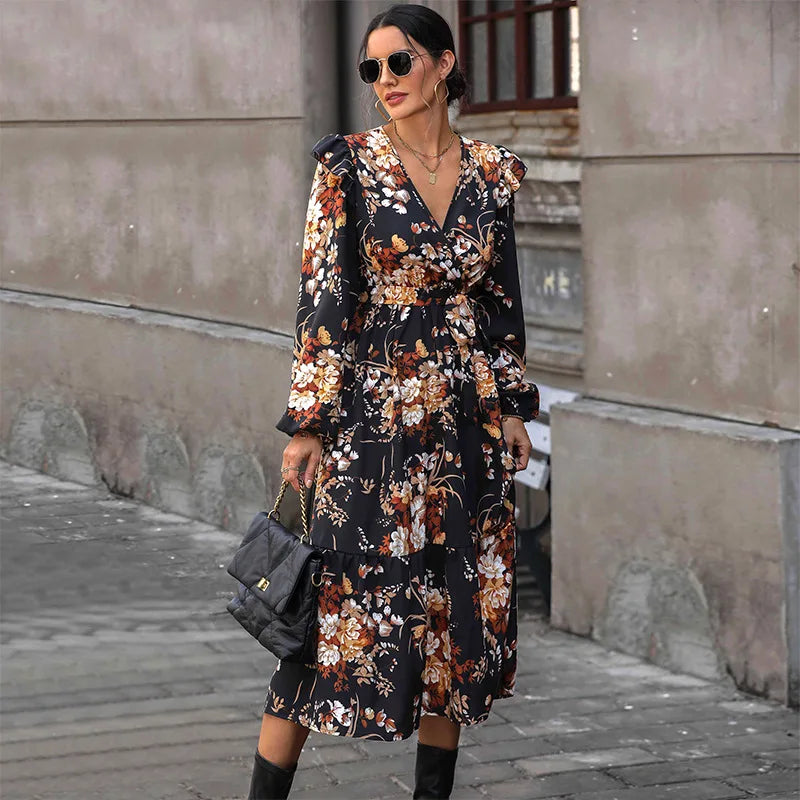 Autumn Women's  V-Neck Floral Print Midi Dress Long Sleeved Casual Polyester Empire Waistline Woven Breathable Digital Printing
