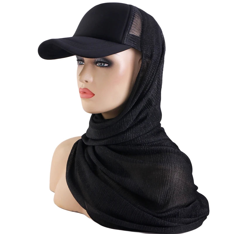 Plain Color Summer Mesh Ball Cap Head Scarf Headwrap Integrate Hijab Muslim Scarf Hat Cap for Women