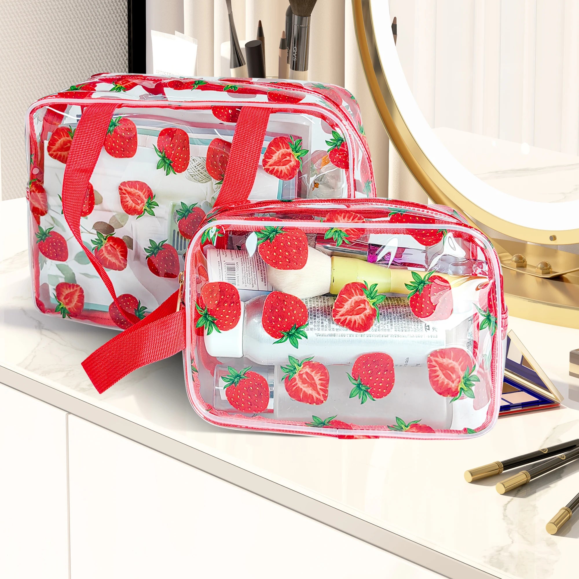 Strawberry Pattern Waterproof Pvc Cosmetic Bag -  Flower Travel Pvc Cosmetic Bag Transparent Toiletry Lipstick Pvc Pouch Bag