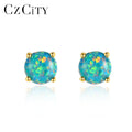 CZCITY Round Shaped Blue Fire Opal 925 Silver  Gemstone Rhodium Plated Women Opal Beaded Earrings