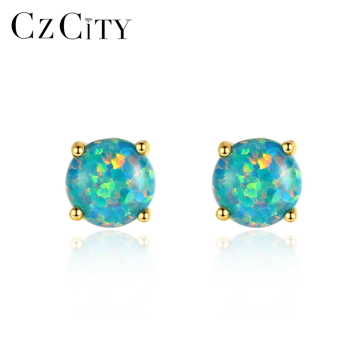 CZCITY Round Shaped Blue Fire Opal 925 Silver  Gemstone Rhodium Plated Women Opal Beaded Earrings