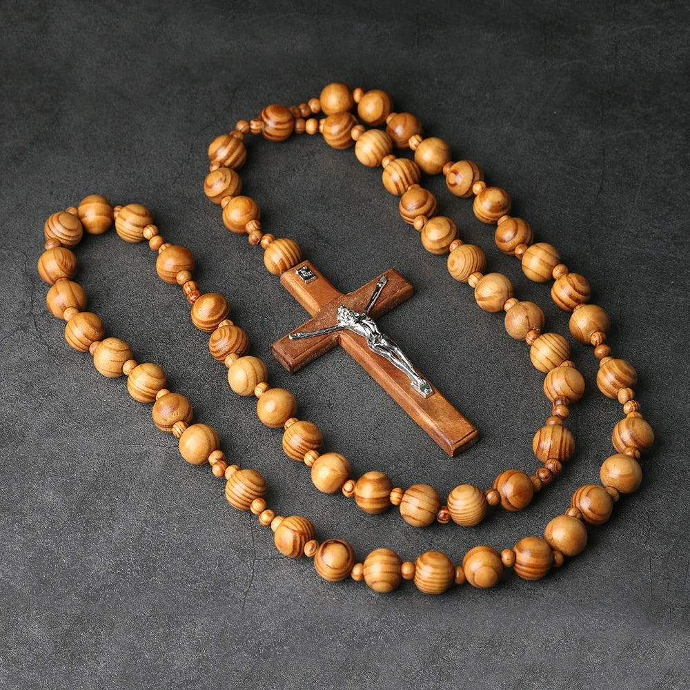 Wholesale Natural Wall Catholic Decorative Hanging Pine Beads Cross Rosary Pendant  Wall Christian Ornaments