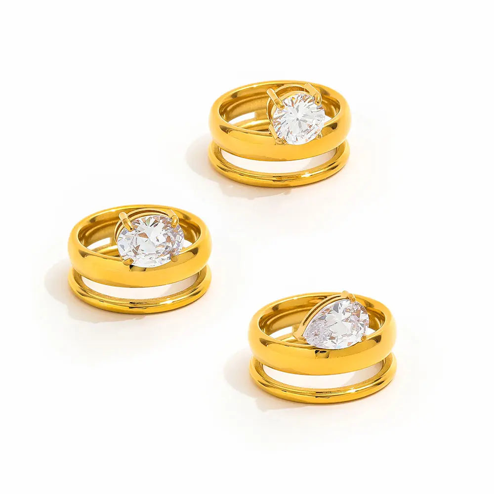 High End 18K Gold Plated Double-layer Hollow Ring Round Oval Water Drop Zirconia Stainless Steel Trendy Gold Plated Jewelry
