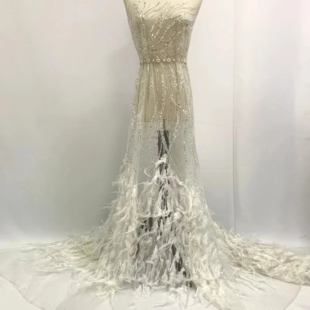 New French White 3d Shining Beaded Feather Lace With Sequins for Wedding Bridal Dress Fabric 5 Yards HY1761