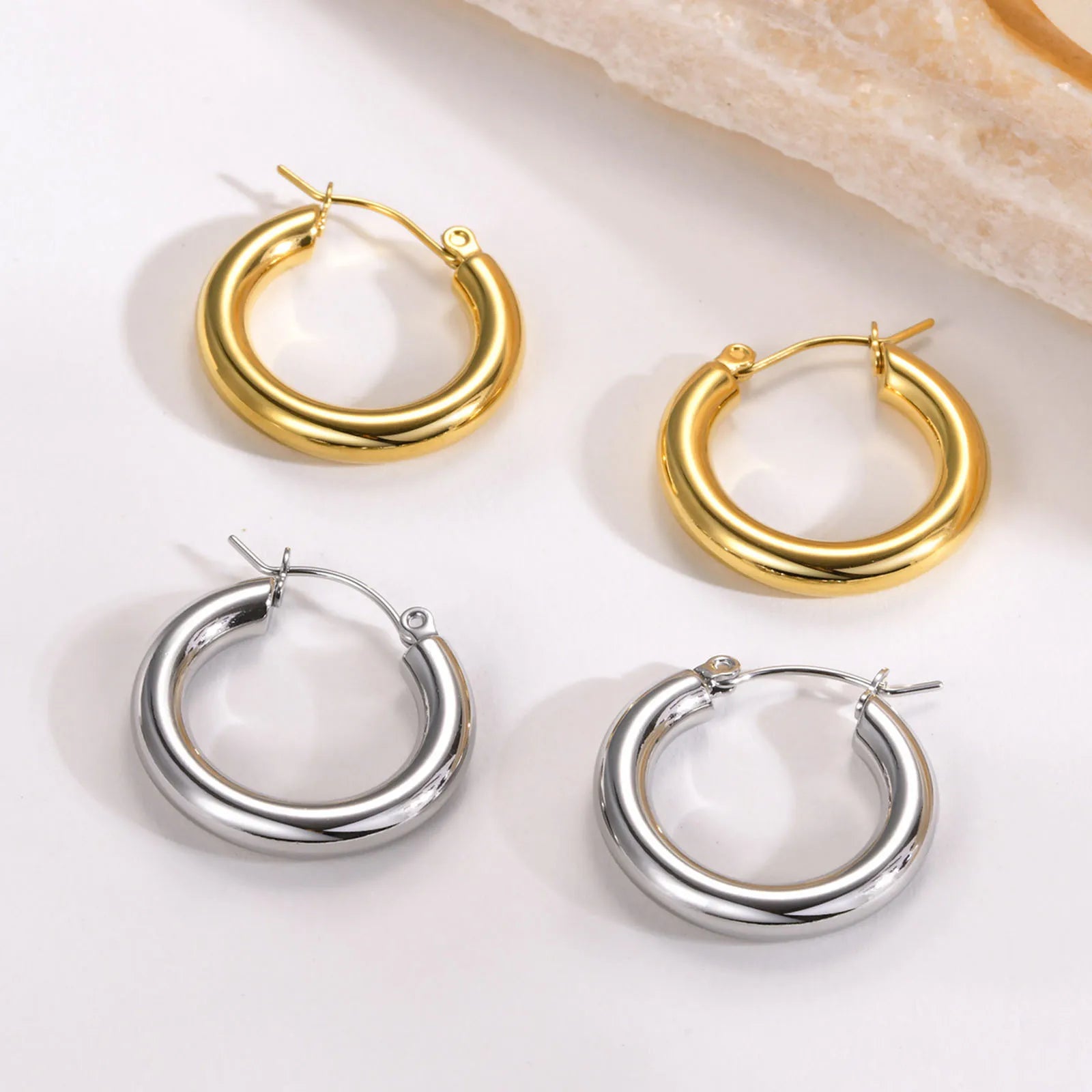 Modern Women Minimal Stainless Steel Jewelry Solid Round Hoops Chunky Thick Hoop Earrings Gold Plated