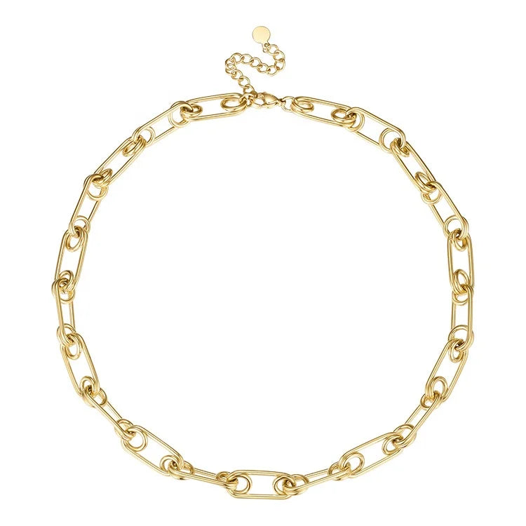 Latest High Quality 18K Gold Plated Stainless Steel Jewelry Pin Link Choker Charm Chain Fashion Necklace P203180