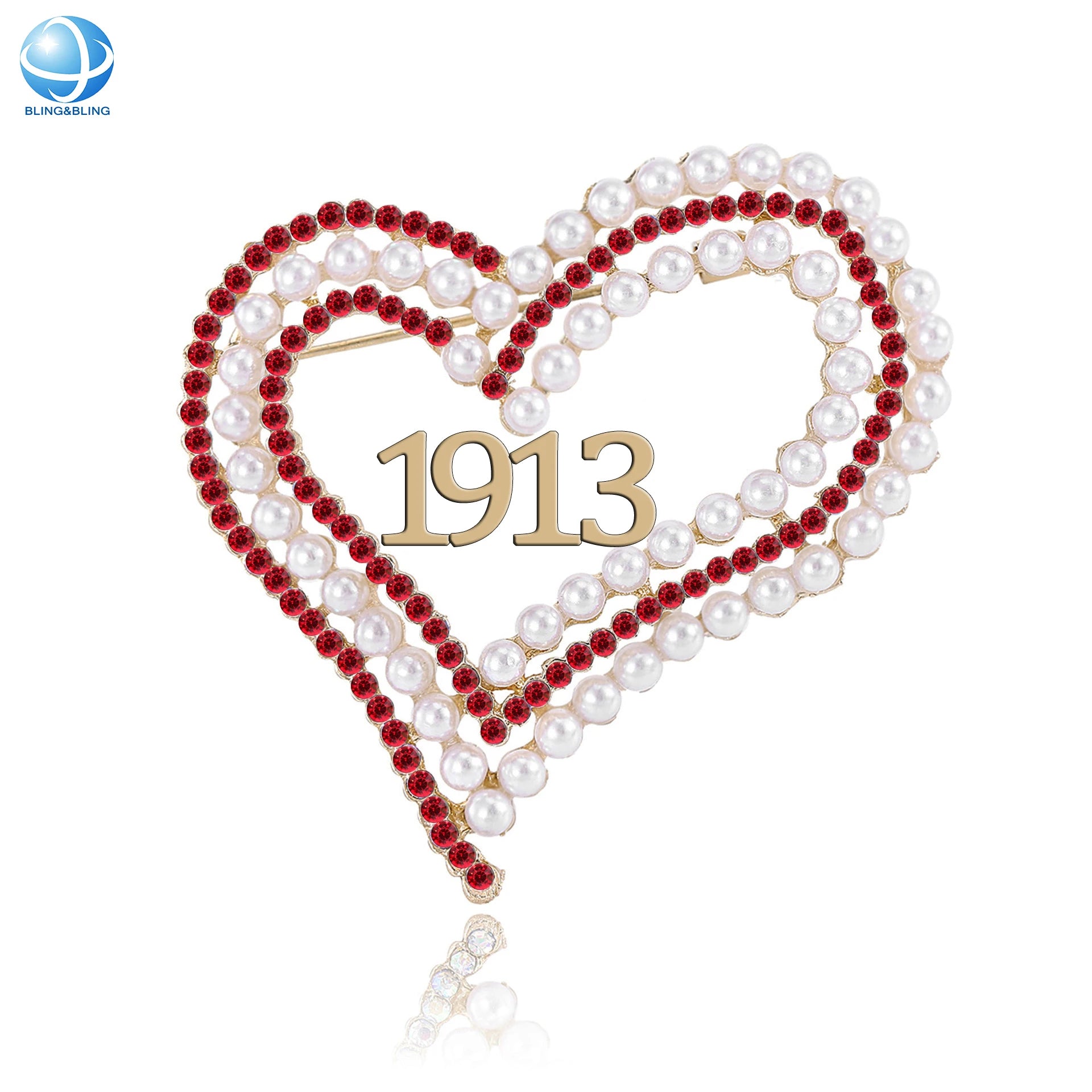 Customized 1913 Heart-shape Sorority Lapel Pins Brooch Detla Letter Rhinestone Pearl Jewelry for Women