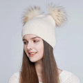 Wholesale Winter Wool Knitted Beanie Hats Fashion Women High Elastic Hats With Two Natural Fur Pompom Factory Custom
