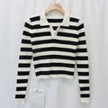 Regular Autumn Casual Anti-pilling Striped Ribbed Full Sleeves V-neck Polo Collar Women's Knitted Custom Sweater Manufacturer