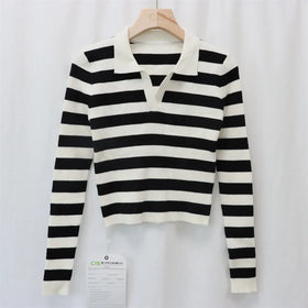 Regular Autumn Casual Anti-pilling Striped Ribbed Full Sleeves V-neck Polo Collar Women's Knitted Custom Sweater Manufacturer