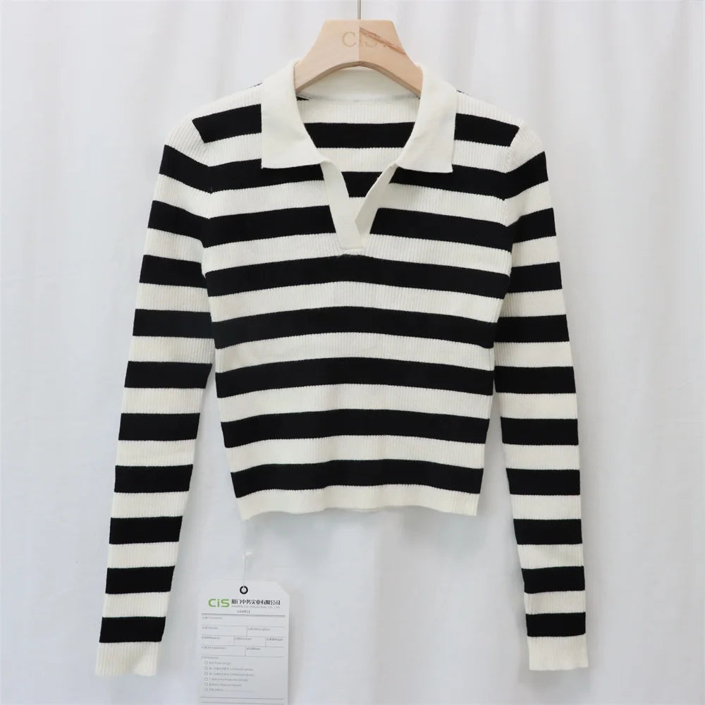Regular Autumn Casual Anti-pilling Striped Ribbed Full Sleeves V-neck Polo Collar Women's Knitted Custom Sweater Manufacturer