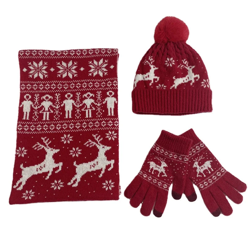 Ready to Ship Christmas Thickness Cable Knitted Beanie Hat Cap Winter Hats Set Woman Scarf and Glove Sets Winter Hat and Gloves