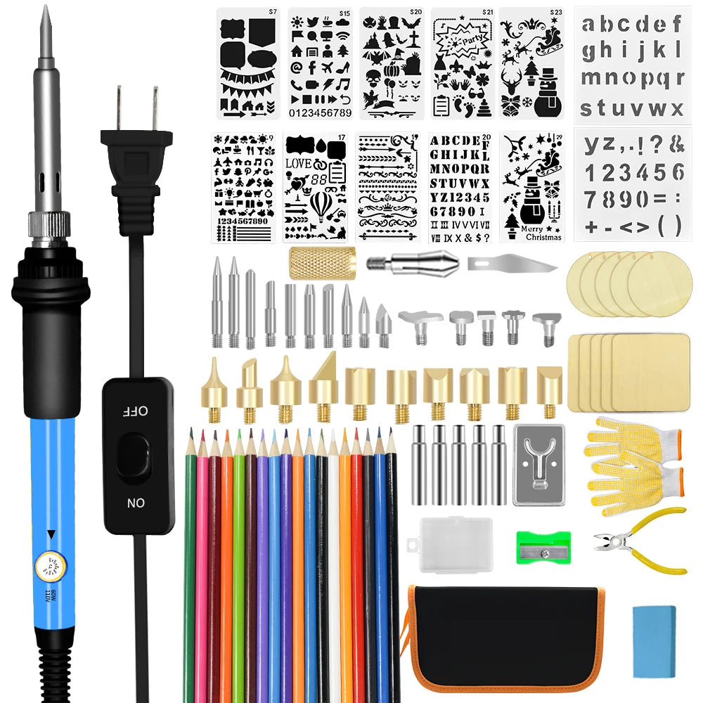 82PCS 110V/220V 60W Electronic Soldering Iron Wooden Burning Pyrographying Tools DIY Kit