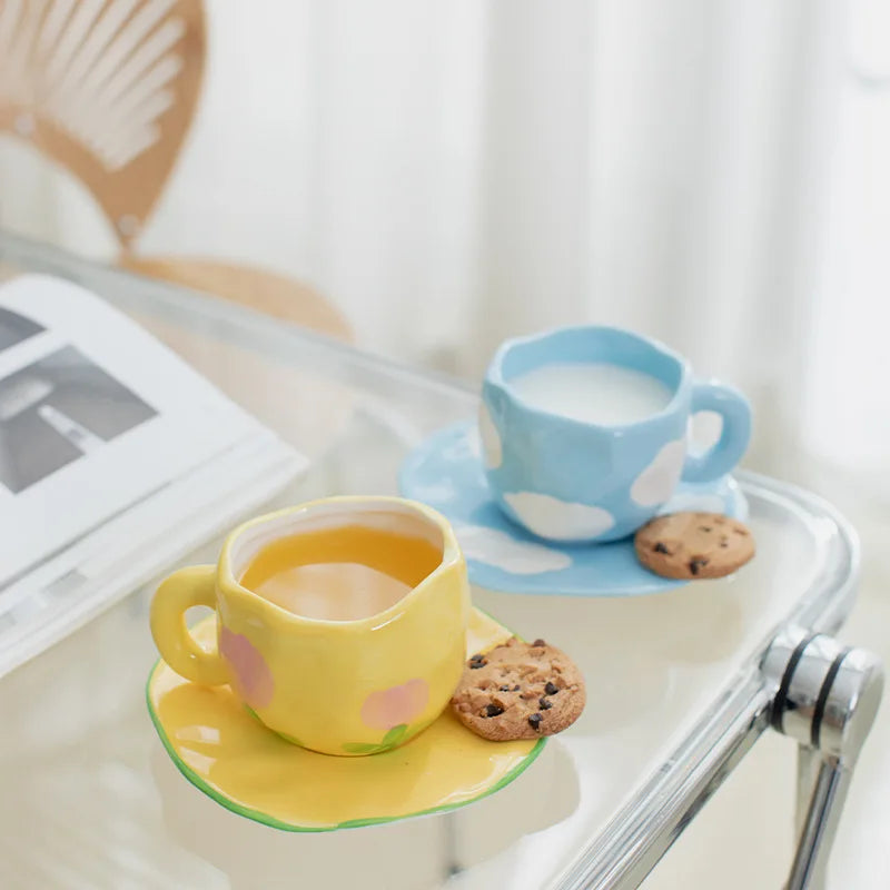 Ins Retro Handmade Coffee Cup and Saucer Afternoon Tea Ceramic Cup Light Luxury Mug